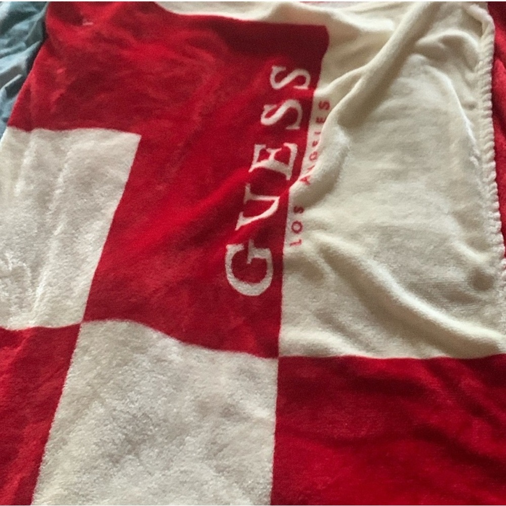 Guess Red and White Logo Blanket